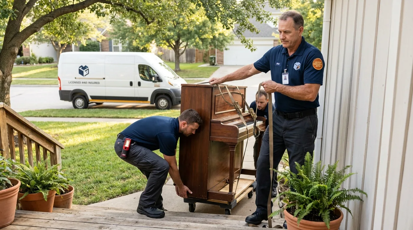 Licensed piano movers securing grand piano in Bangor, MI